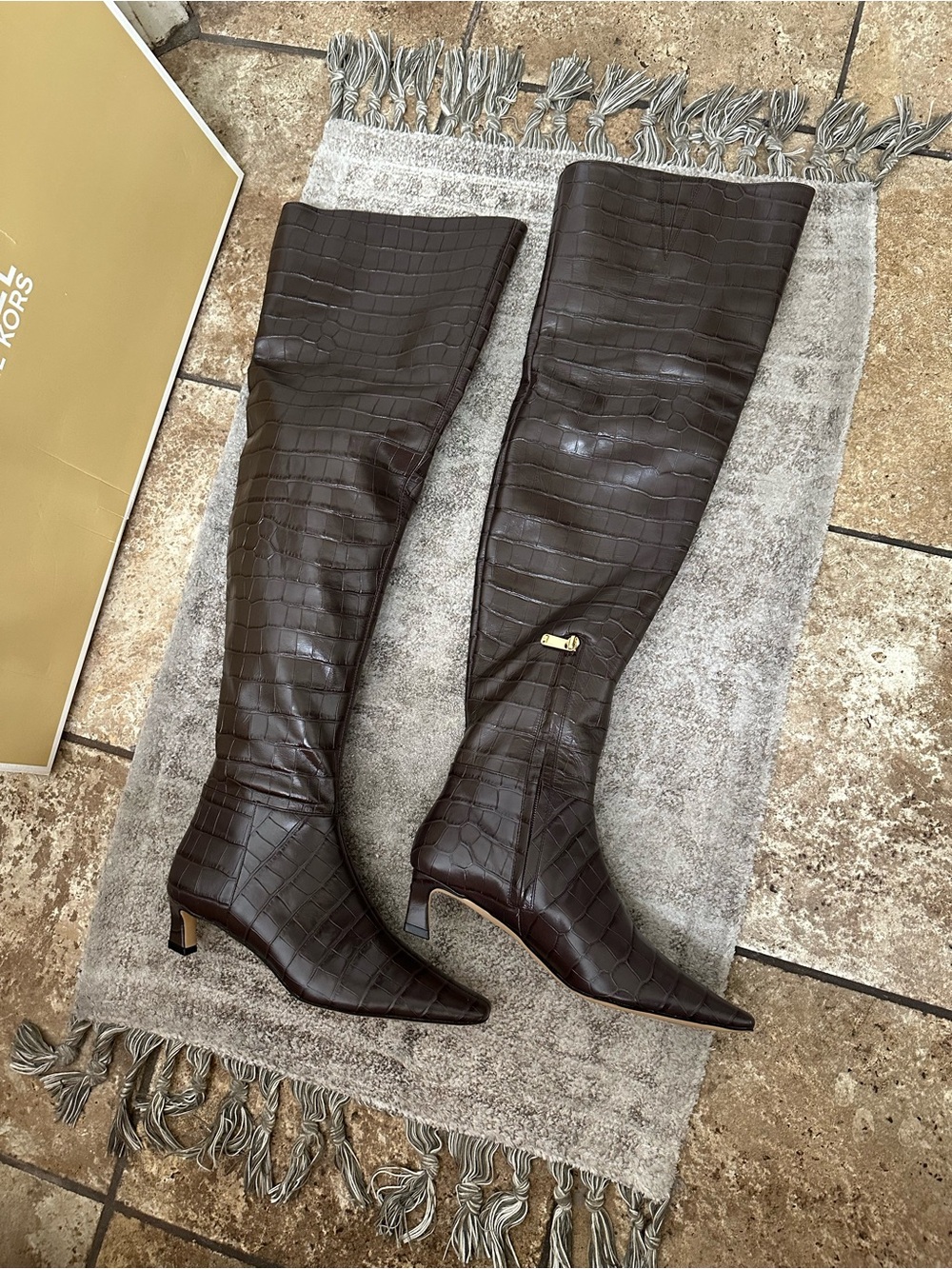 Michael Kors Dark Brown Croc-Embossed Over-the-Knee Boots with Gold Accent